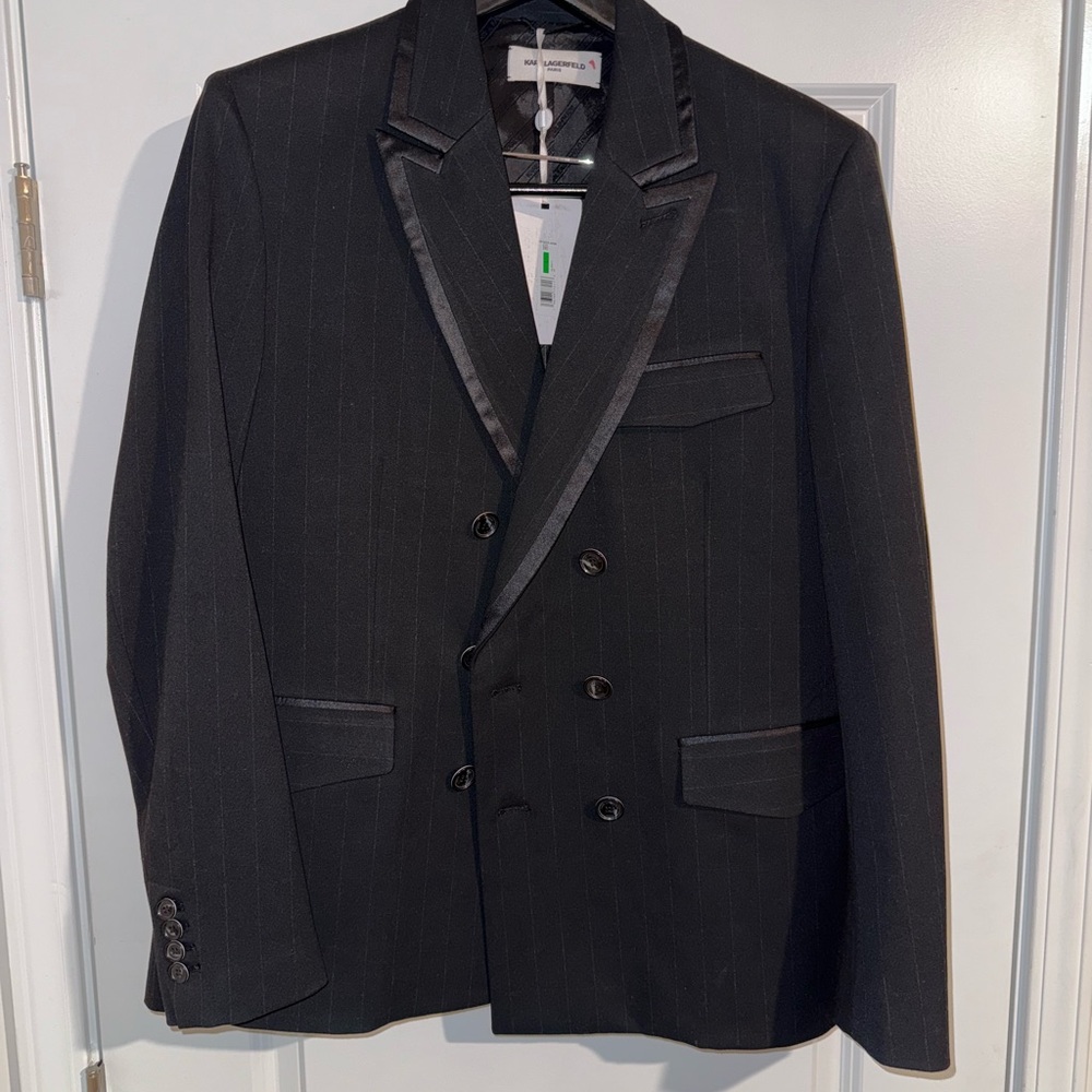 Karl Lagerfeld Black Pinstripe Double-Breasted Blazer